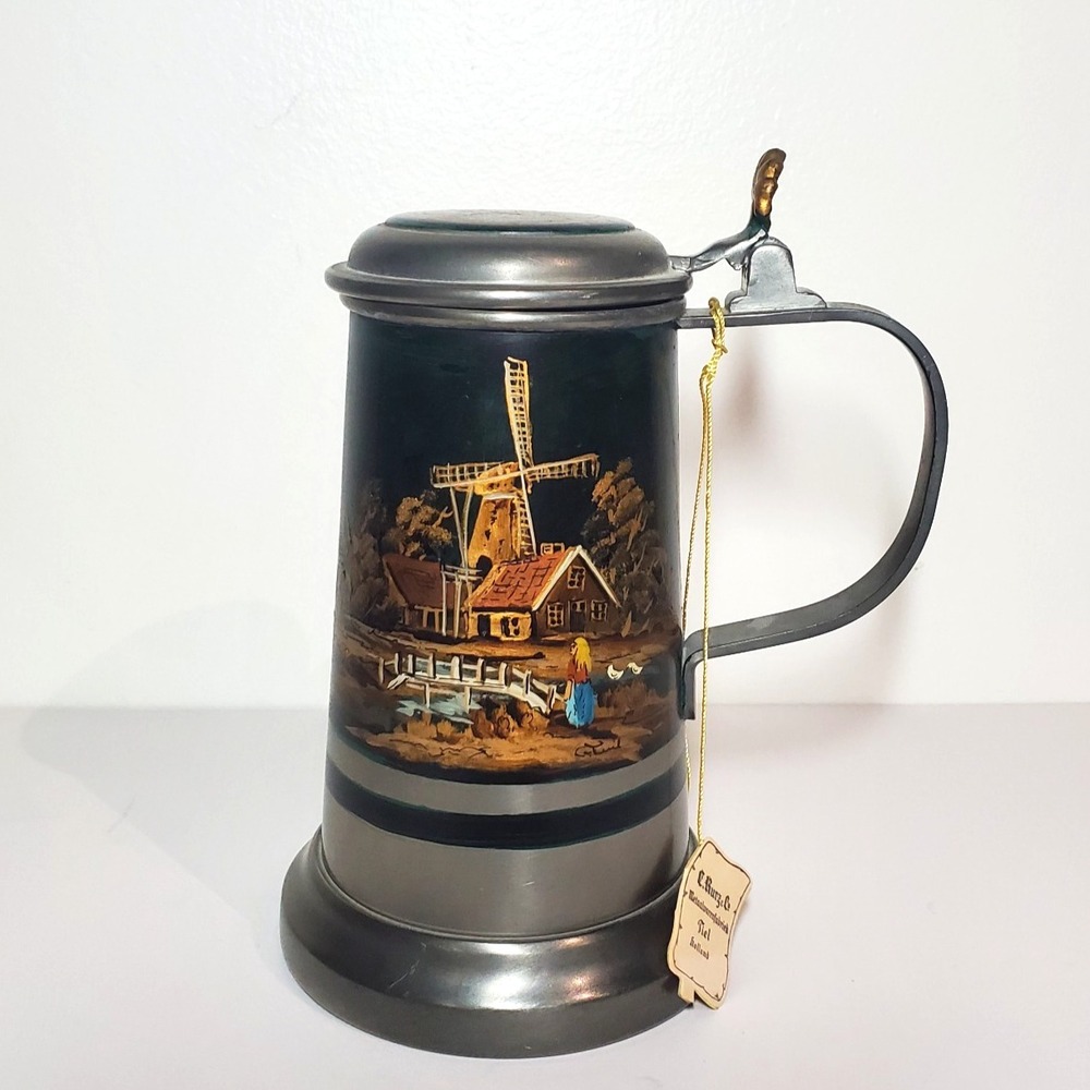 Vintage Kurz Tiel Holland Pewter Beer Stein Tankard Hand Painted Windmill Scene